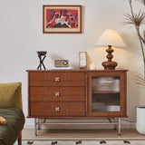 Contemporary Retro Rectangular Pine Wood Sideboard with 3 Drawers – Solid Wood, Boxwood & Multi-Layer Board, Stainless Steel & Glass Storage Cabinet for Living Room