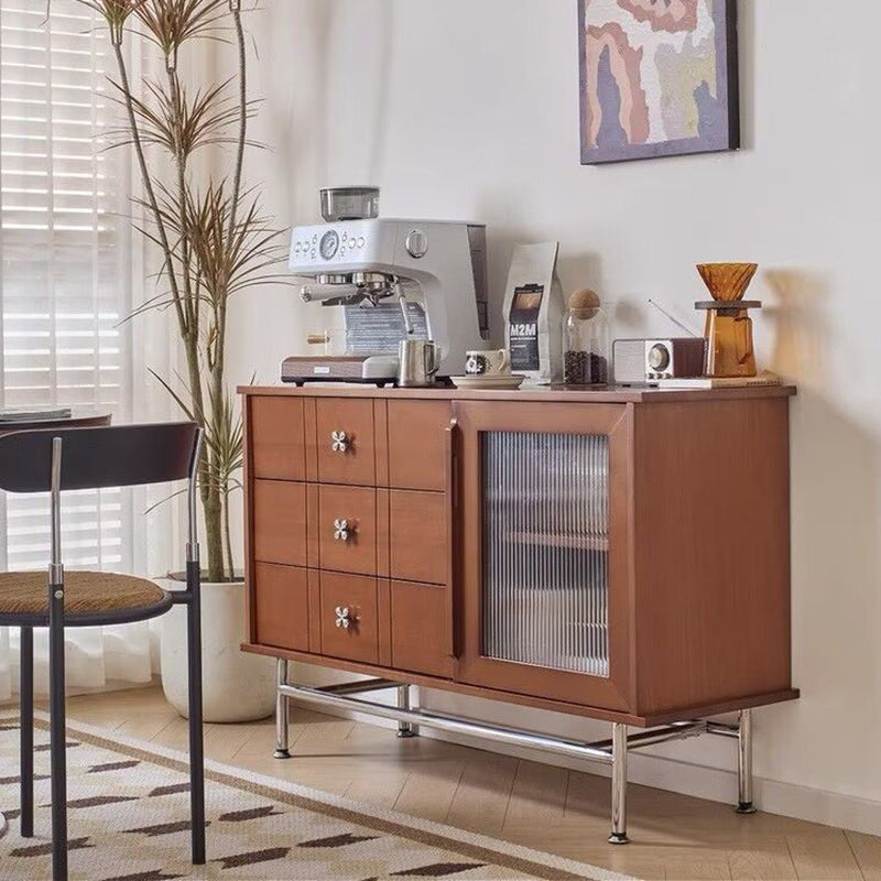 Contemporary Retro Rectangular Pine Wood Sideboard with 3 Drawers – Solid Wood, Boxwood & Multi-Layer Board, Stainless Steel & Glass Storage Cabinet for Living Room