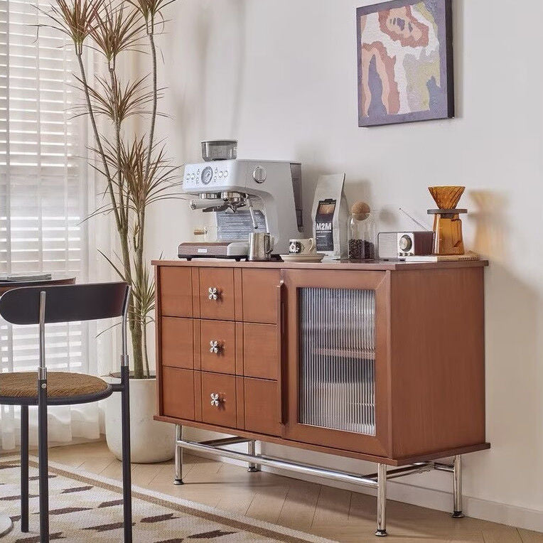 Contemporary Retro Rectangular Pine Wood Sideboard with 3 Drawers – Solid Wood, Boxwood & Multi-Layer Board, Stainless Steel & Glass Storage Cabinet for Living Room