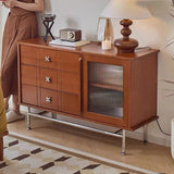 Contemporary Retro Rectangular Pine Wood Sideboard with 3 Drawers – Solid Wood, Boxwood & Multi-Layer Board, Stainless Steel & Glass Storage Cabinet for Living Room