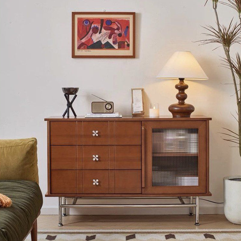 Contemporary Retro Rectangular Pine Wood Sideboard with 3 Drawers – Solid Wood, Boxwood & Multi-Layer Board, Stainless Steel & Glass Storage Cabinet for Living Room