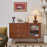 Contemporary Retro Rectangular Pine Wood Sideboard with 3 Drawers – Solid Wood, Boxwood & Multi-Layer Board, Stainless Steel & Glass Storage Cabinet for Living Room