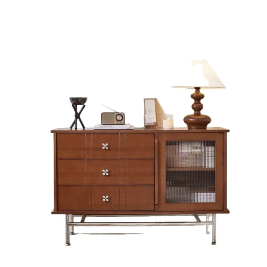 Contemporary Retro Rectangular Pine Wood Sideboard with 3 Drawers – Solid Wood, Boxwood & Multi-Layer Board, Stainless Steel & Glass Storage Cabinet for Living Room