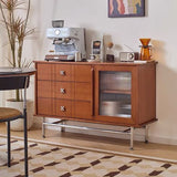 Contemporary Retro Rectangular Pine Wood Sideboard with 3 Drawers – Solid Wood, Boxwood & Multi-Layer Board, Stainless Steel & Glass Storage Cabinet for Living Room