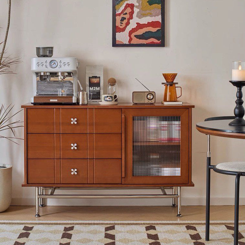 Contemporary Retro Rectangular Pine Wood Sideboard with 3 Drawers – Solid Wood, Boxwood & Multi-Layer Board, Stainless Steel & Glass Storage Cabinet for Living Room