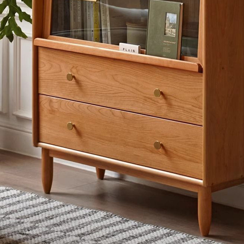 Traditional Japanese Rectangular Solid Pine Wood Sideboard with Glass-Front Storage, Multi-Layer Board Construction, 2 Drawers for Living Room & Dining Room