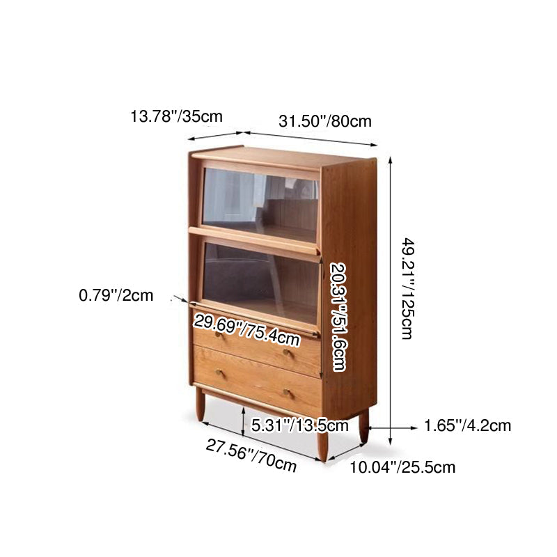 Traditional Japanese Rectangular Solid Pine Wood Sideboard with Glass-Front Storage, Multi-Layer Board Construction, 2 Drawers for Living Room & Dining Room
