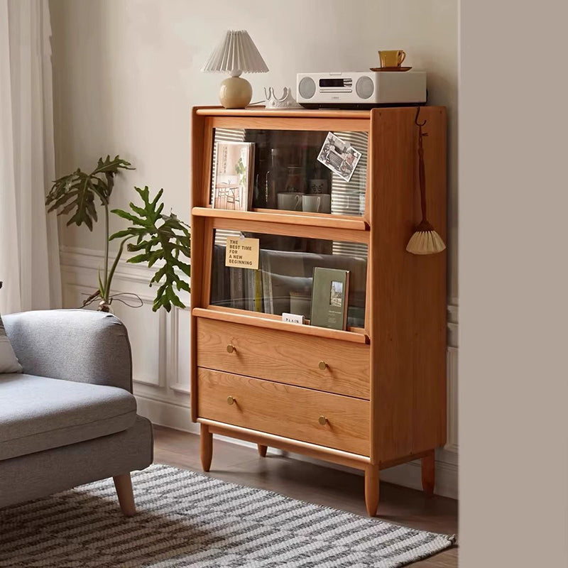 Traditional Japanese Rectangular Solid Pine Wood Sideboard with Glass-Front Storage, Multi-Layer Board Construction, 2 Drawers for Living Room & Dining Room