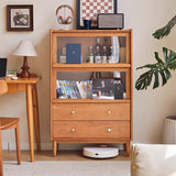 Traditional Japanese Rectangular Solid Pine Wood Sideboard with Glass-Front Storage, Multi-Layer Board Construction, 2 Drawers for Living Room & Dining Room