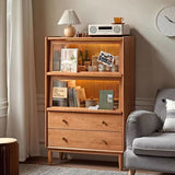 Traditional Japanese Rectangular Solid Pine Wood Sideboard with Glass-Front Storage, Multi-Layer Board Construction, 2 Drawers for Living Room & Dining Room