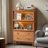 Traditional Japanese Rectangular Solid Pine Wood Sideboard with Glass-Front Storage, Multi-Layer Board Construction, 2 Drawers for Living Room & Dining Room