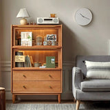 Traditional Japanese Rectangular Solid Pine Wood Sideboard with Glass-Front Storage, Multi-Layer Board Construction, 2 Drawers for Living Room & Dining Room