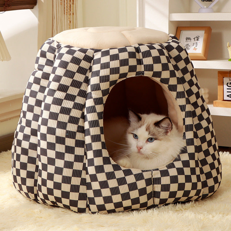 Contemporary Nordic Pineapple Crystal Flannelette PP Cotton Washable Dog & Cat Bed – One-Hole Entrance, Living Room Ready