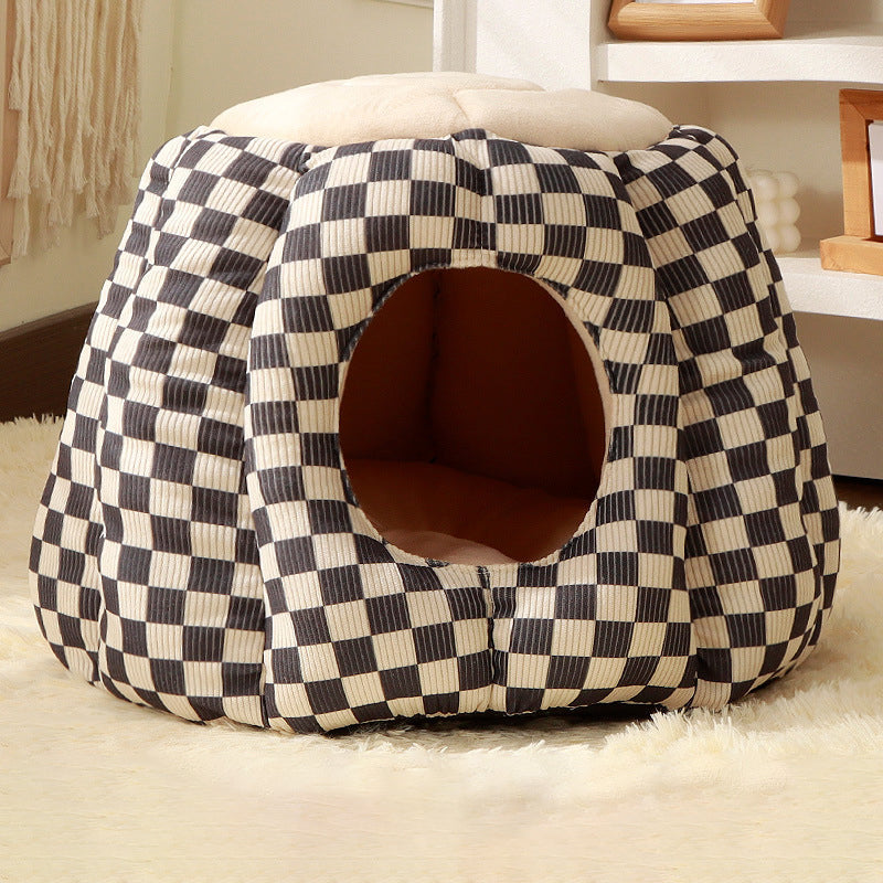 Contemporary Nordic Pineapple Crystal Flannelette PP Cotton Washable Dog & Cat Bed – One-Hole Entrance, Living Room Ready