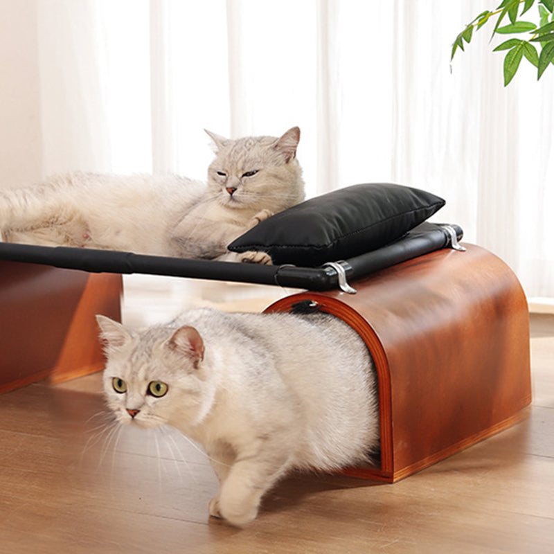 Modern Art Deco Bridge-Style Cat Bed – 1-Tier Multi-Layer Board with Iron-Tech Fabric Tunnel for Living Room