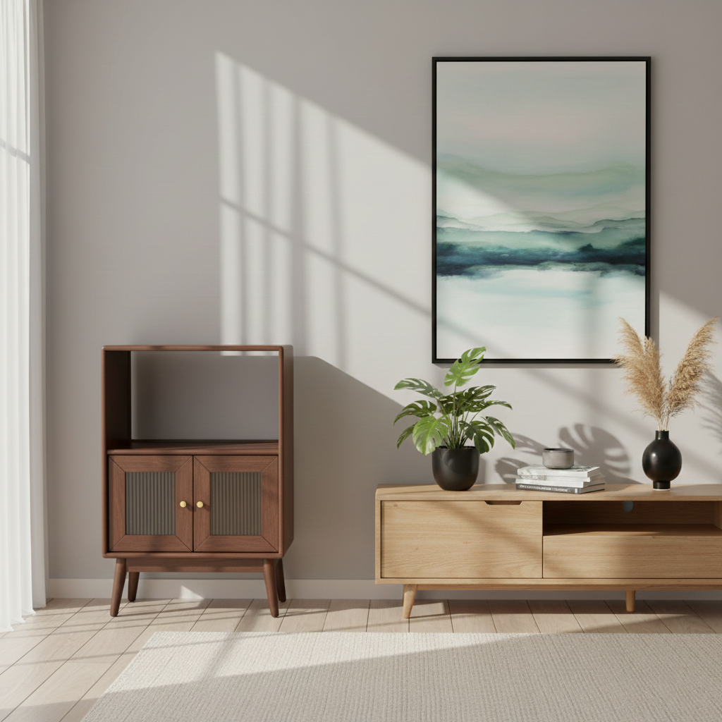 Traditional Japanese Rectangular Solid Wood Sideboard with Pine, Multilayer Construction and Ripple Glass – 1/4-Cabinet – Ideal for Living Room & Dining Room