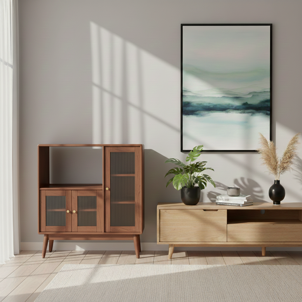 Traditional Japanese Rectangular Solid Wood Sideboard with Pine, Multilayer Construction and Ripple Glass – 1/4-Cabinet – Ideal for Living Room & Dining Room