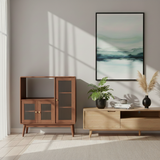 Traditional Japanese Rectangular Solid Wood Sideboard with Pine, Multilayer Construction and Ripple Glass – 1/4-Cabinet – Ideal for Living Room & Dining Room