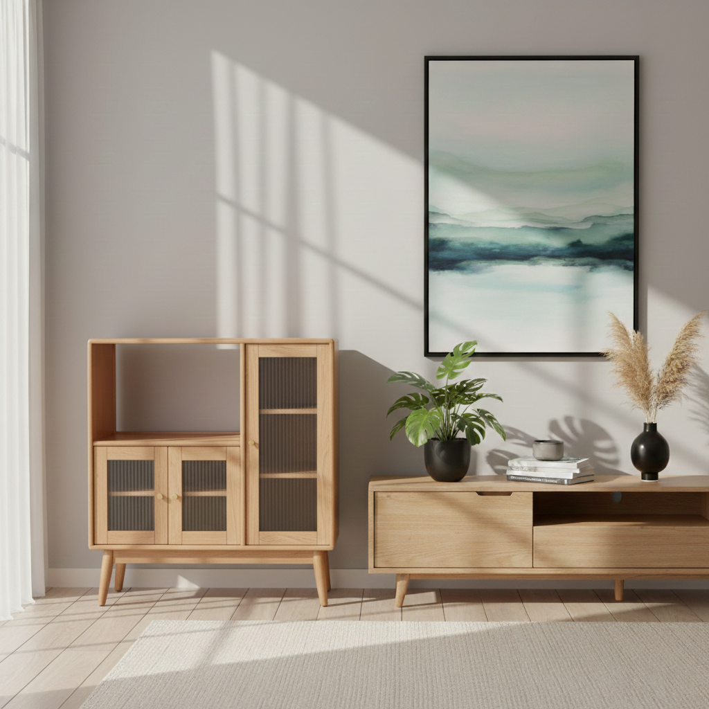 Traditional Japanese Rectangular Solid Wood Sideboard with Pine, Multilayer Construction and Ripple Glass – 1/4-Cabinet – Ideal for Living Room & Dining Room