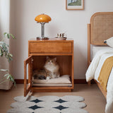 Contemporary Rectangular Cat Bed Nightstand with 1 Drawer — Rubberwood, Plywood & Pine Wood, Modern Bedroom Furniture