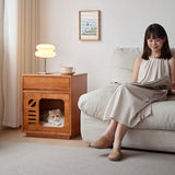 Contemporary Rectangular Cat Bed Nightstand with 1 Drawer — Rubberwood, Plywood & Pine Wood, Modern Bedroom Furniture