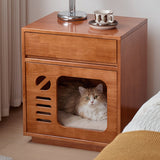 Contemporary Rectangular Cat Bed Nightstand with 1 Drawer — Rubberwood, Plywood & Pine Wood, Modern Bedroom Furniture