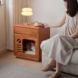 Contemporary Rectangular Cat Bed Nightstand with 1 Drawer — Rubberwood, Plywood & Pine Wood, Modern Bedroom Furniture