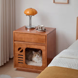 Contemporary Rectangular Cat Bed Nightstand with 1 Drawer — Rubberwood, Plywood & Pine Wood, Modern Bedroom Furniture