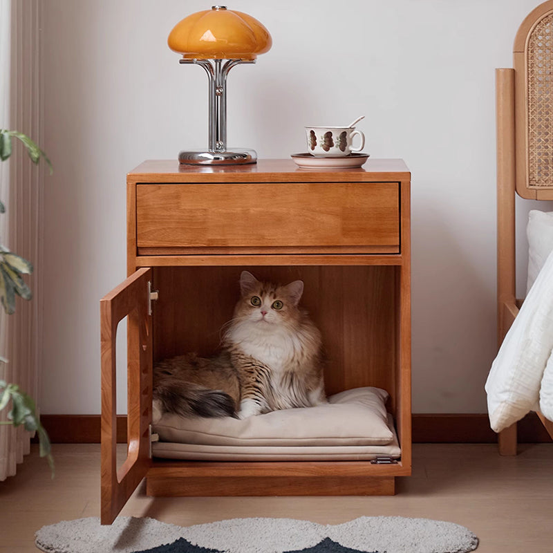 Contemporary Rectangular Cat Bed Nightstand with 1 Drawer — Rubberwood, Plywood & Pine Wood, Modern Bedroom Furniture