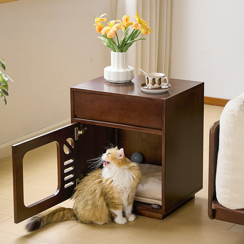 Contemporary Rectangular Cat Bed Nightstand with 1 Drawer — Rubberwood, Plywood & Pine Wood, Modern Bedroom Furniture