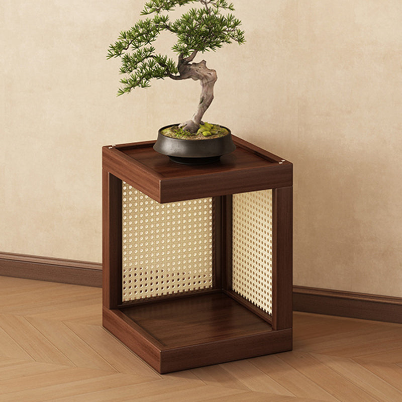 Traditional Rustic Rubberwood 2-Tier Floor-Standing Storage Rack with Plastic Rattan Weave – Rectangular Living Room Organizer
