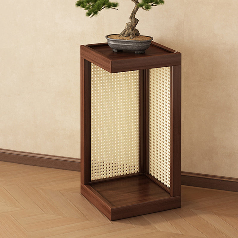 Traditional Rustic Rubberwood 2-Tier Floor-Standing Storage Rack with Plastic Rattan Weave – Rectangular Living Room Organizer