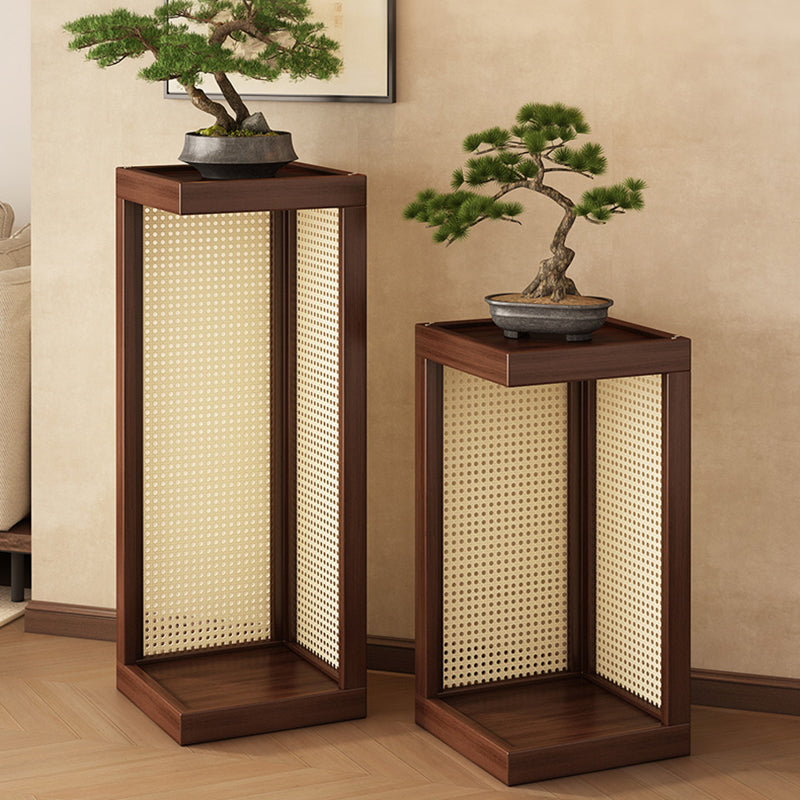 Traditional Rustic Rubberwood 2-Tier Floor-Standing Storage Rack with Plastic Rattan Weave – Rectangular Living Room Organizer
