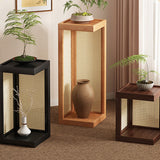Traditional Rustic Rubberwood 2-Tier Floor-Standing Storage Rack with Plastic Rattan Weave – Rectangular Living Room Organizer