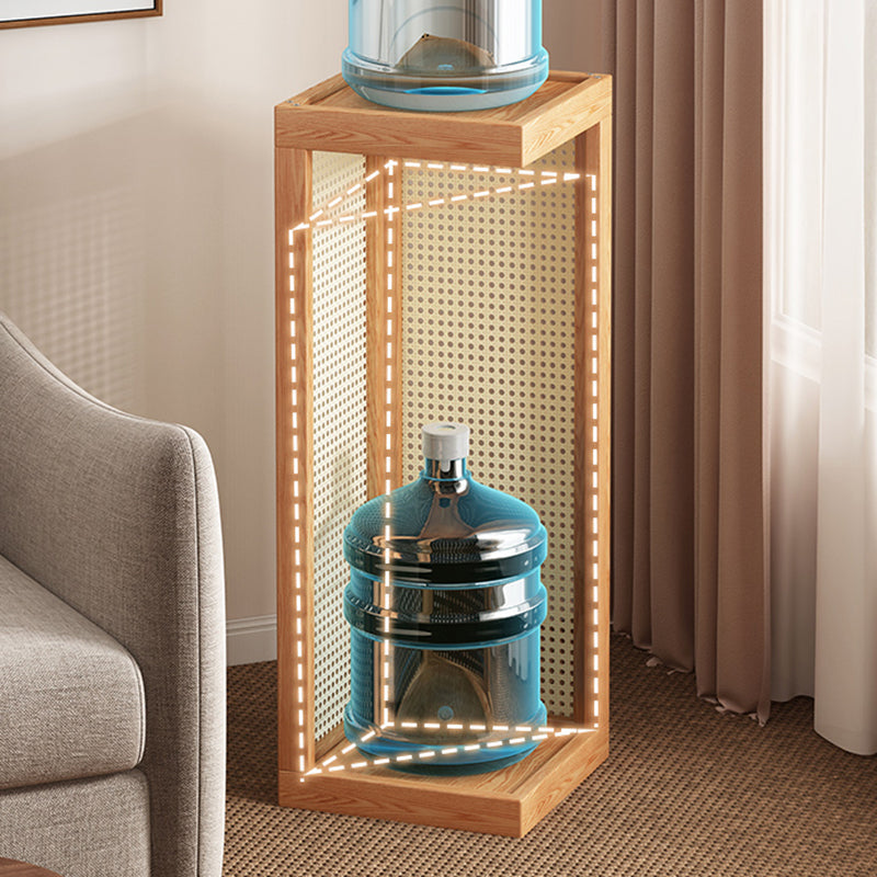 Traditional Rustic Rubberwood 2-Tier Floor-Standing Storage Rack with Plastic Rattan Weave – Rectangular Living Room Organizer