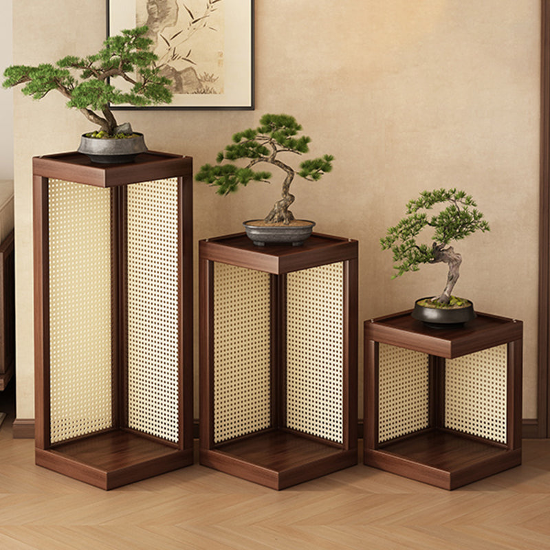 Traditional Rustic Rubberwood 2-Tier Floor-Standing Storage Rack with Plastic Rattan Weave – Rectangular Living Room Organizer