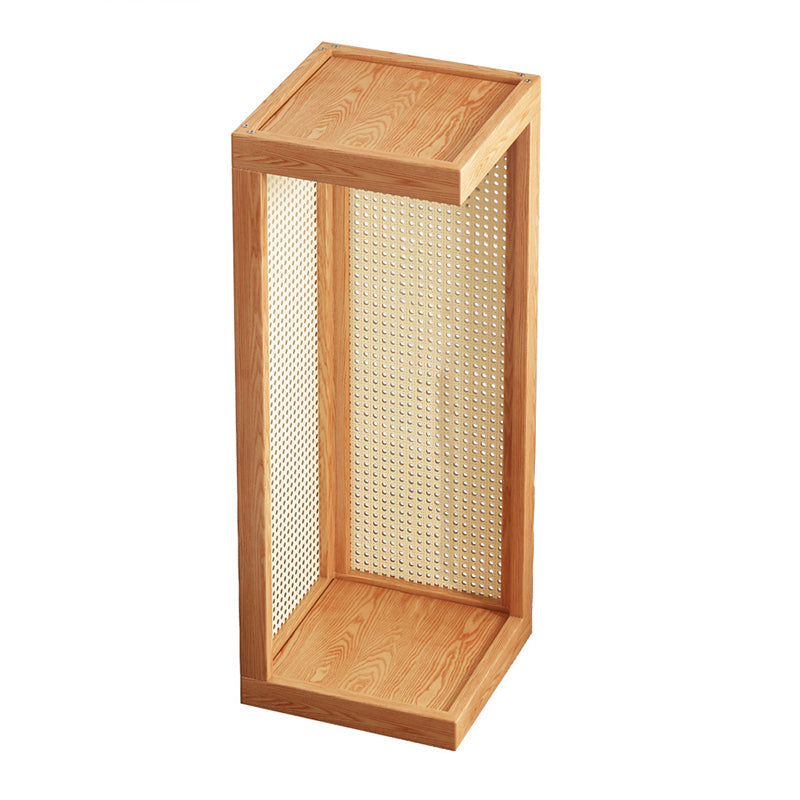 Traditional Rustic Rubberwood 2-Tier Floor-Standing Storage Rack with Plastic Rattan Weave – Rectangular Living Room Organizer