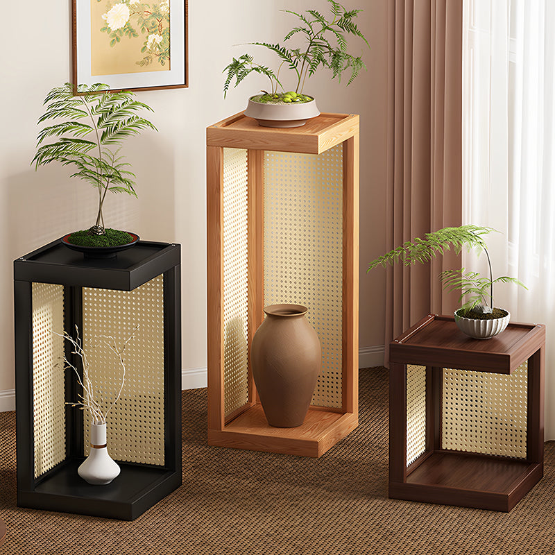 Traditional Rustic Rubberwood 2-Tier Floor-Standing Storage Rack with Plastic Rattan Weave – Rectangular Living Room Organizer