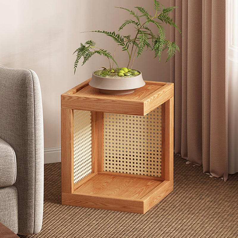Traditional Rustic Rubberwood 2-Tier Floor-Standing Storage Rack with Plastic Rattan Weave – Rectangular Living Room Organizer