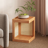 Traditional Rustic Rubberwood 2-Tier Floor-Standing Storage Rack with Plastic Rattan Weave – Rectangular Living Room Organizer
