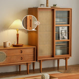 Elegant Traditional Japanese Rectangular Pine Solid Wood Sideboard with Rattan Weaving, Multi-Layer Board, 3/4-Cabinet – Perfect for Living Room & Dining Room