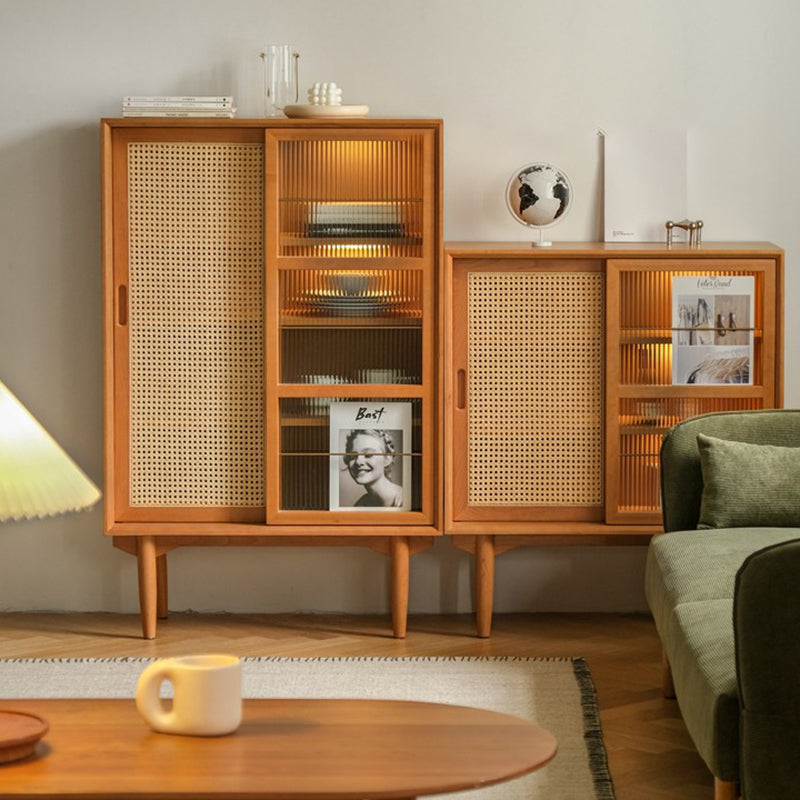 Elegant Traditional Japanese Rectangular Pine Solid Wood Sideboard with Rattan Weaving, Multi-Layer Board, 3/4-Cabinet – Perfect for Living Room & Dining Room