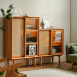 Elegant Traditional Japanese Rectangular Pine Solid Wood Sideboard with Rattan Weaving, Multi-Layer Board, 3/4-Cabinet – Perfect for Living Room & Dining Room