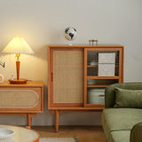 Elegant Traditional Japanese Rectangular Pine Solid Wood Sideboard with Rattan Weaving, Multi-Layer Board, 3/4-Cabinet – Perfect for Living Room & Dining Room