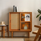 Elegant Traditional Japanese Rectangular Pine Solid Wood Sideboard with Rattan Weaving, Multi-Layer Board, 3/4-Cabinet – Perfect for Living Room & Dining Room