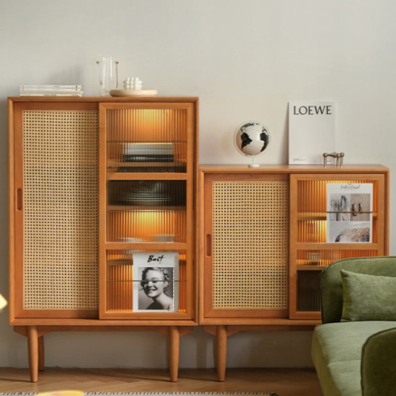 Elegant Traditional Japanese Rectangular Pine Solid Wood Sideboard with Rattan Weaving, Multi-Layer Board, 3/4-Cabinet – Perfect for Living Room & Dining Room