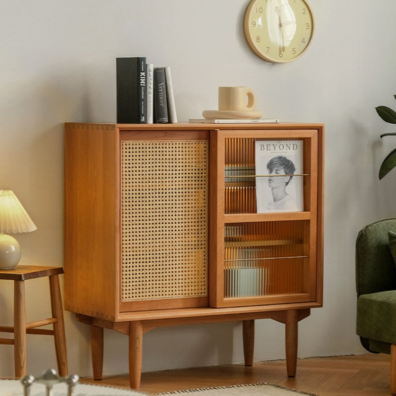 Elegant Traditional Japanese Rectangular Pine Solid Wood Sideboard with Rattan Weaving, Multi-Layer Board, 3/4-Cabinet – Perfect for Living Room & Dining Room