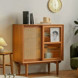 Elegant Traditional Japanese Rectangular Pine Solid Wood Sideboard with Rattan Weaving, Multi-Layer Board, 3/4-Cabinet – Perfect for Living Room & Dining Room