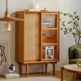Elegant Traditional Japanese Rectangular Pine Solid Wood Sideboard with Rattan Weaving, Multi-Layer Board, 3/4-Cabinet – Perfect for Living Room & Dining Room