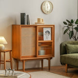 Elegant Traditional Japanese Rectangular Pine Solid Wood Sideboard with Rattan Weaving, Multi-Layer Board, 3/4-Cabinet – Perfect for Living Room & Dining Room